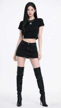 Woman with long black hair wearing a black crop top, denim skirt, and thigh-high boots