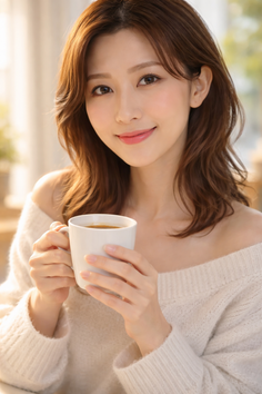 Woman in an off-shoulder sweater holding a mug with soft, warm lighting