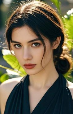 Woman with dark hair and green eyes wearing a black dress outdoors