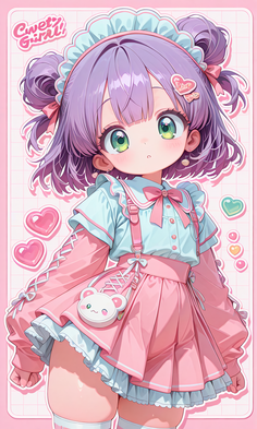 Anime girl with purple hair in a pink and blue maid-style dress