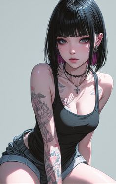 Anime style girl with black hair and purple highlights wearing a tank top