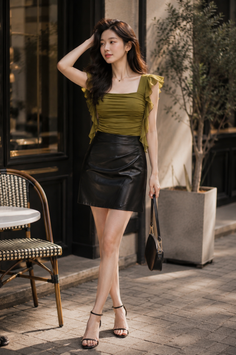 Woman in an olive top and black leather skirt posing outdoors