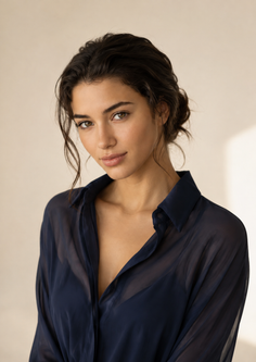 Woman with dark hair in a sheer navy top, looking at the camera