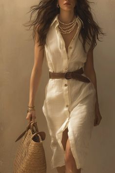 Woman in a white dress with a pearl necklace and straw bag