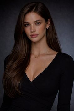 Woman with long brown hair wearing a black dress and delicate jewelry