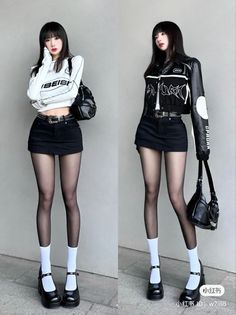 Woman in two outfits featuring a mini skirt, tights, and mary jane shoes
