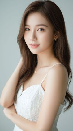 Woman with long brown hair wearing a white dress and jewelry