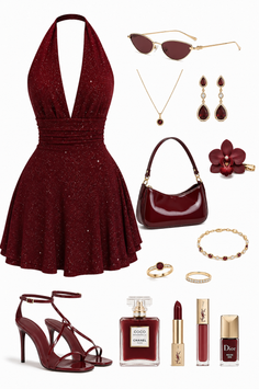 A collection of red fashion items and accessories, including a dress, shoes, and jewelry