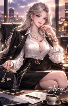 Woman in business attire with long hair and jewelry in an indoor setting
