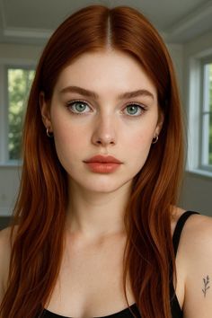 Woman with long red hair and green eyes in an indoor setting