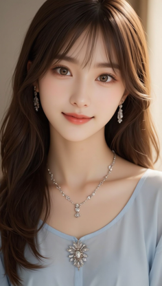 Woman with long brown hair wearing jewelry and a light blue top