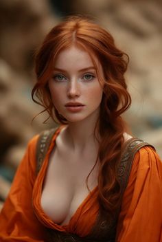 Woman with red hair and green eyes wearing an orange dress with cleavage