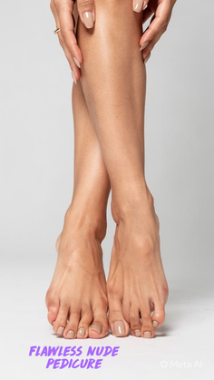 Person's legs, feet, and hands with nude colored nail polish on a white background
