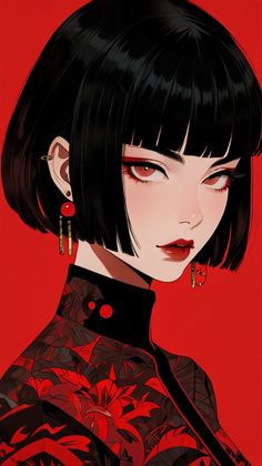Anime style portrait of a woman with short black hair and red eyes against a red background