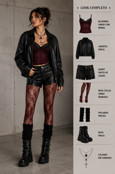 Woman in a dark outfit with a leather jacket and lace tights against a concrete wall