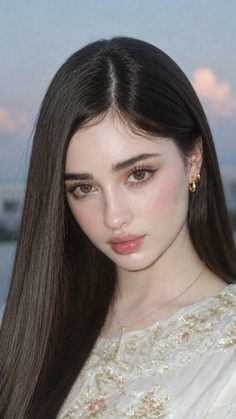 Woman with long dark hair and brown eyes wearing an embroidered top outdoors