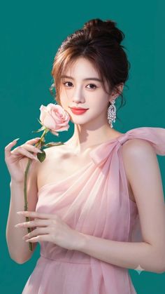 Woman in a pink dress holding a pink rose against a teal background