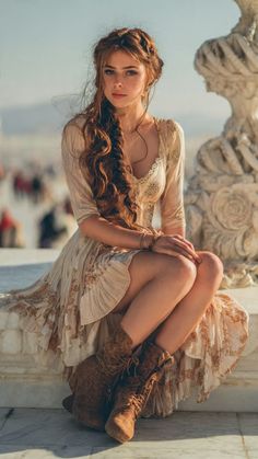 Woman with long braided hair wearing a boho dress and brown boots outdoors