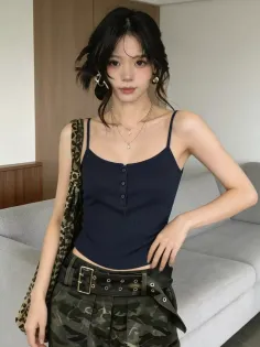 Woman with dark hair wearing a camisole and camo pants indoors