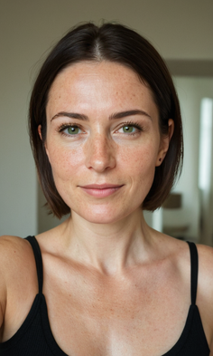 Woman with short brown hair, green eyes, and freckles wearing a black top