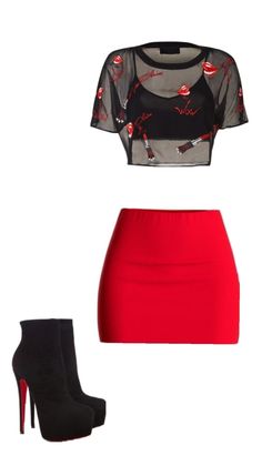 Fashion outfit with a sheer lipstick print top, red skirt, and black high-heeled boots