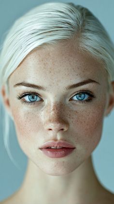 Close up portrait of a woman with blonde hair, blue eyes, and freckles