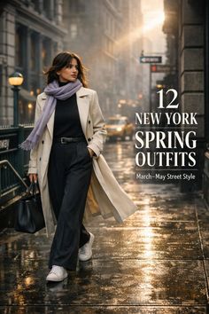 Woman in a long coat and scarf walking on a wet city street