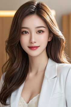 Woman with long brown hair wearing a white blazer and lace top