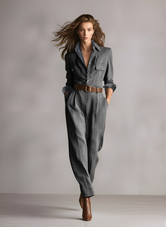 Woman in a plaid jumpsuit with a brown belt and boots, hair blowing