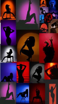 Collage of multiple female silhouettes in various provocative poses with colorful backlighting