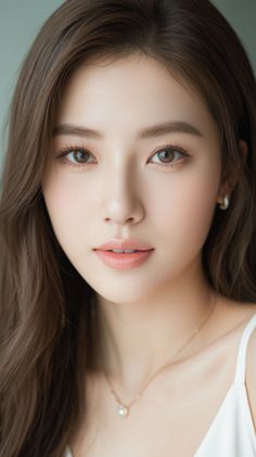 Close-up portrait of a woman with long brown hair and a white top