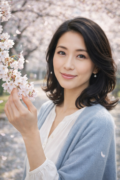 Woman with short dark hair holding cherry blossoms outdoors