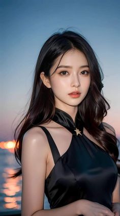 Woman with long dark hair in a black dress with a star accessory at sunset