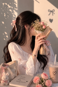 Woman holding a bouquet of pink roses, wearing a white blouse and bow accessories
