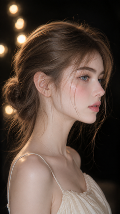 Woman with blue eyes and an updo in soft lighting with bokeh background