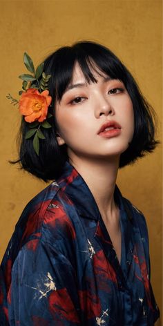 Woman with short black hair and a flower in her hair against a yellow background