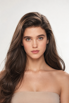 Woman with long brown hair and green eyes in a studio portrait