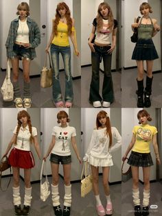 Eight different outfits worn by a woman, showcasing various casual styles