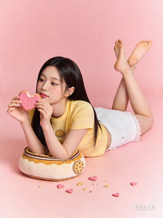 Woman with long hair lying on a pink background, holding a heart-shaped cookie