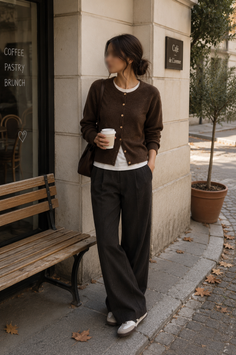 Woman in a brown cardigan and wide leg pants holding a coffee cup outdoors