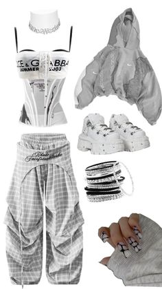 Fashion flat lay featuring a corset, plaid pants, and platform sneakers