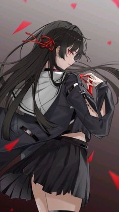 Anime girl with long black hair and red eyes in a school uniform
