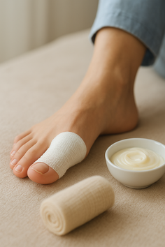 A bandaged toe with a roll of elastic bandage and a bowl of cream nearby