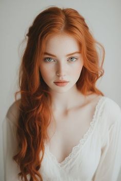 Woman with long red hair and freckles wearing a white dress