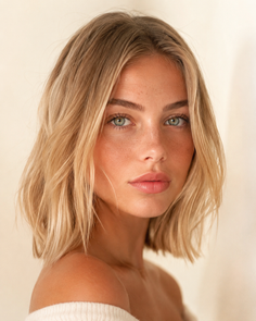 Woman with blonde hair and green eyes wearing an off-shoulder top