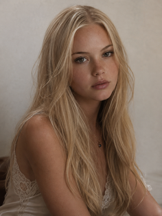 Young woman with long blonde hair and freckles wearing a lace top indoors