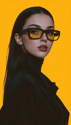 Woman with long dark hair and yellow tinted glasses against a yellow background