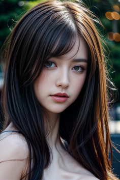 Realistic portrait of a woman with long dark hair outdoors with soft lighting