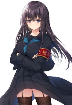 Anime girl in a dark school uniform with thigh-high stockings and garter belt