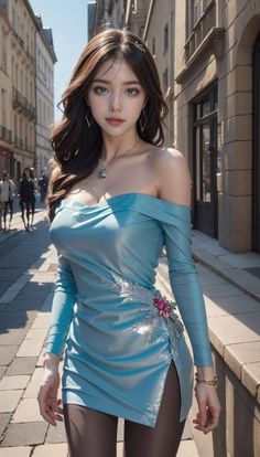 Woman in a blue off-shoulder dress with a thigh-high slit on a street